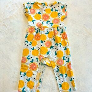 Tea brand cuff sleeve baby romper, citrus fruit design, size 9-12mo